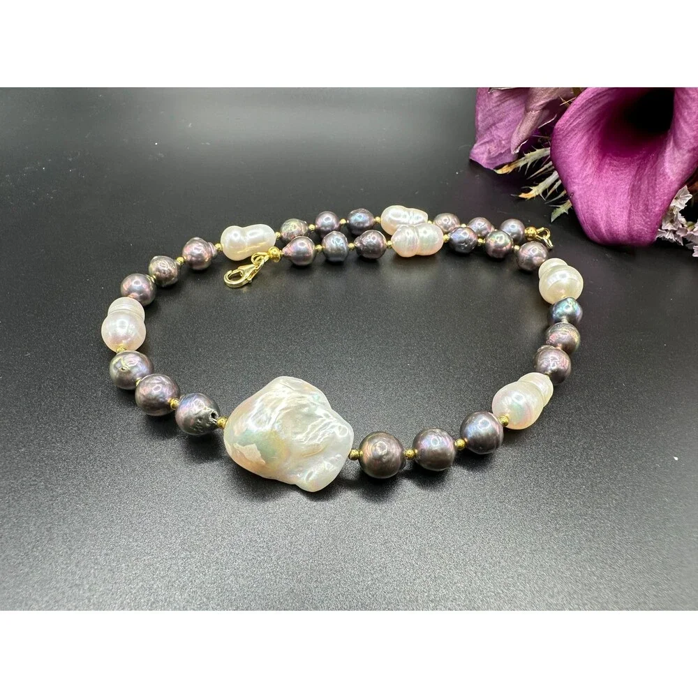 White and black mixed Edison pearl choker, 925 sterling silver gold plated